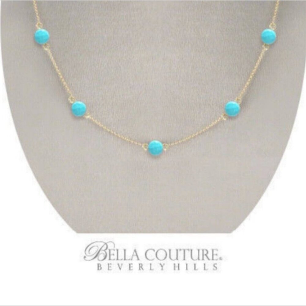 YELLOW GOLD TURQUOISE 18" SLEEPING BEAUTY CHARM ROSE CUT NECKLACE